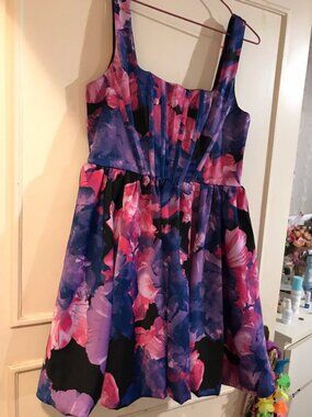 Purple Pink Floral Fit and Flare Mini Dress Women's M